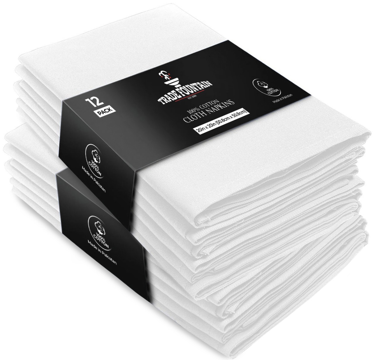 Trade Fountain Cloth Napkins Set of 12 Cotton - 51.8 x 51.8 CM Reusable Napkins - Oversized Cotton Napkins Made of Pure Cotton Fabric - Used as Dinner Napkins (White) Image